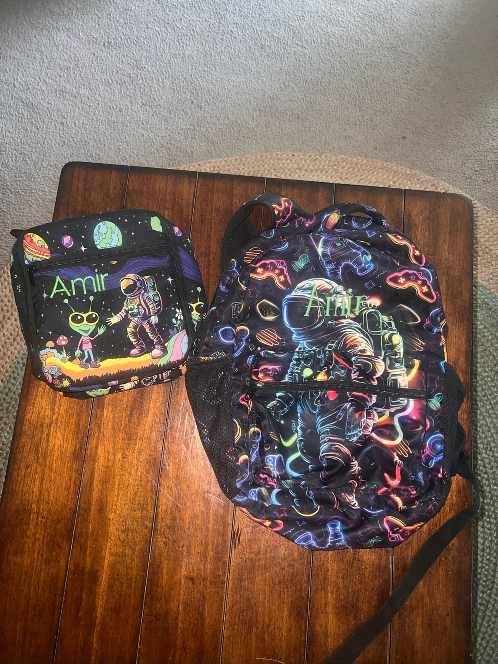 Customizable Kids Space Backpack and Lunch Bag Set - Black Neon Galaxy